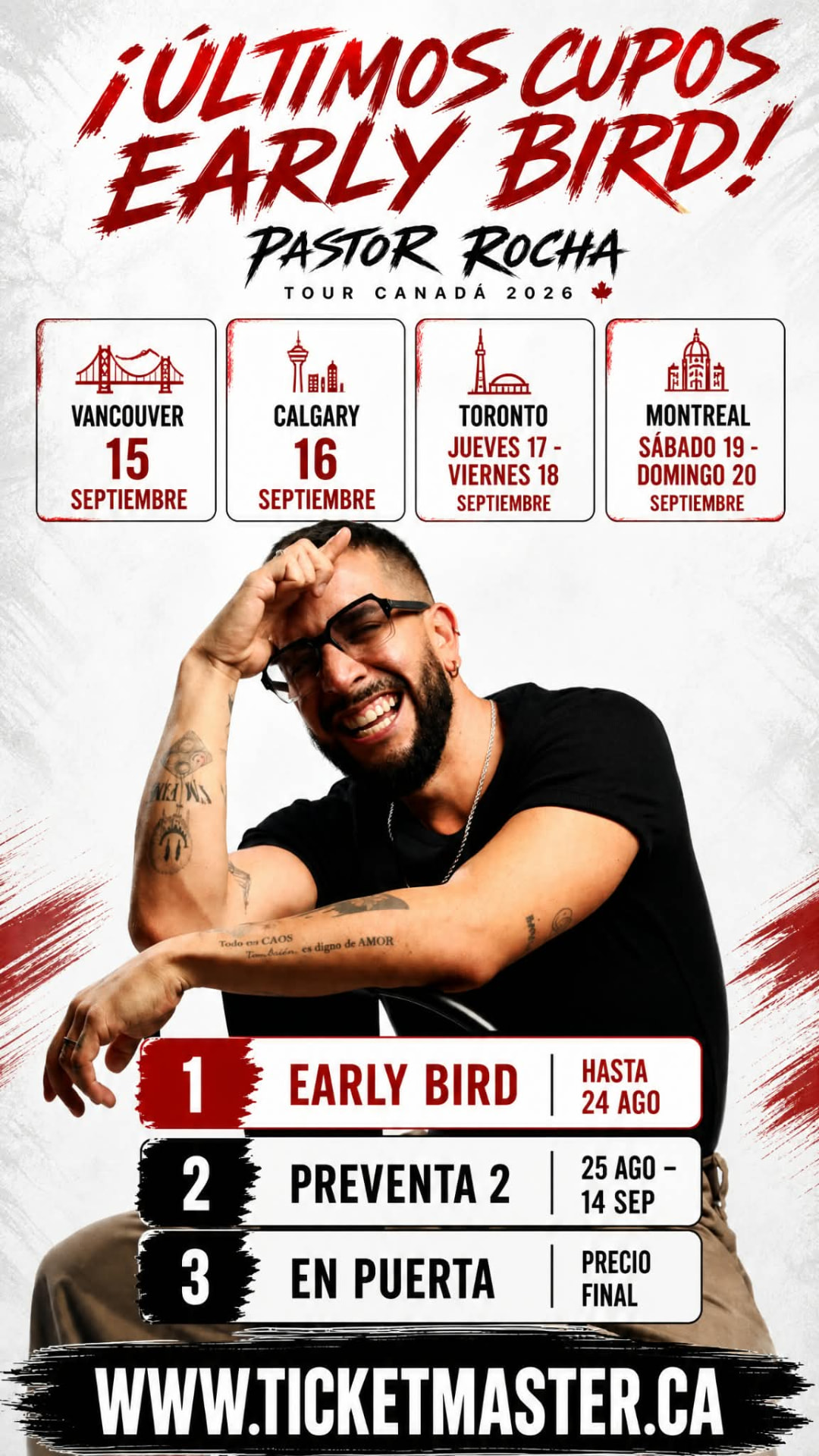 Pastor Rocha — Tour Canadá 2026: Vancouver 15, Calgary 16, Toronto 17–18 y Montréal 19–20 de septiembre